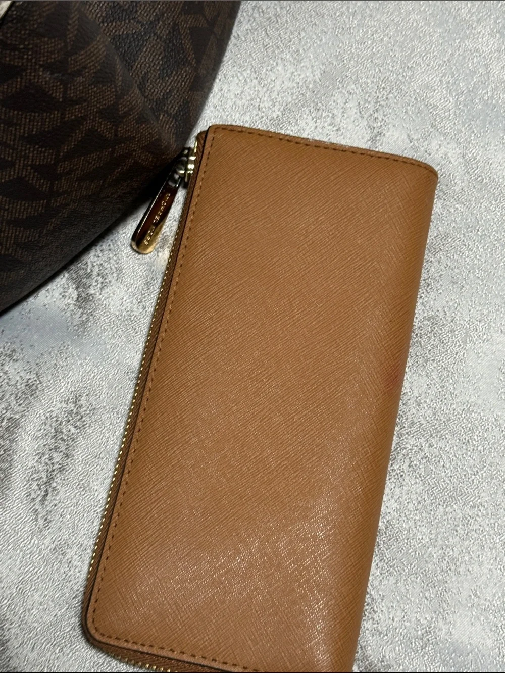 Michael Kors Cream, Brown & Tan Signature Tote with Matching Tan Wallet